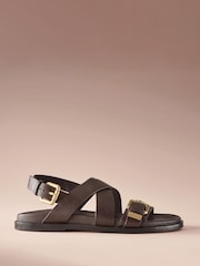 Marron chocolat - Chaussures en cuir à bout rond et semelle intérieure à lanières - Image 2 de 6