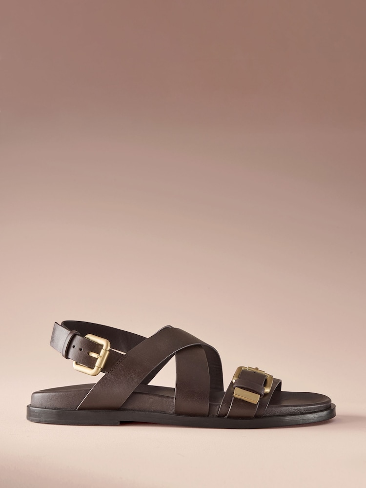 Marron chocolat - Chaussures en cuir à bout rond et semelle intérieure à lanières - Image 2 de 6