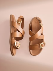 Marron fauve - Chaussures en cuir à bout rond et semelle intérieure à lanières - Image 2 de 6