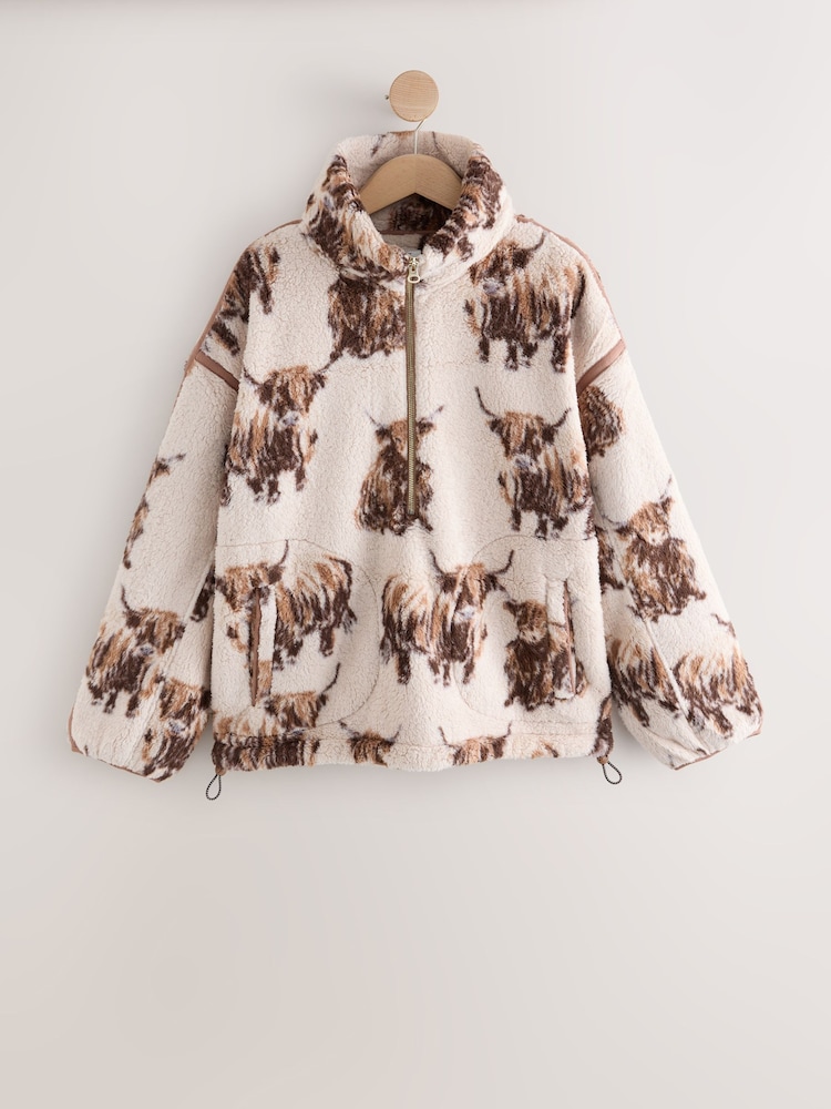 Neutral Hamish The Highland Cow Half Zip Borg Fleece - Image 1 of 4