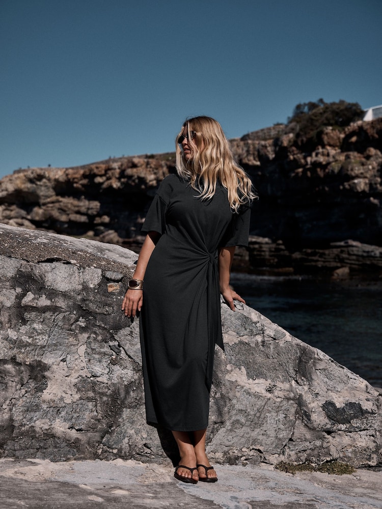 Black Tie Waist Midi T-Shirt Dress - Image 1 of 7