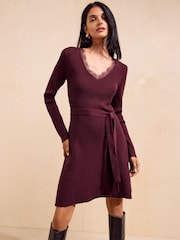 Friends Like These Burgundy Red Lace Trim Knit Mini Dress - Image 3 of 5