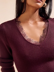 Friends Like These Burgundy Red Lace Trim Knit Mini Dress - Image 4 of 5