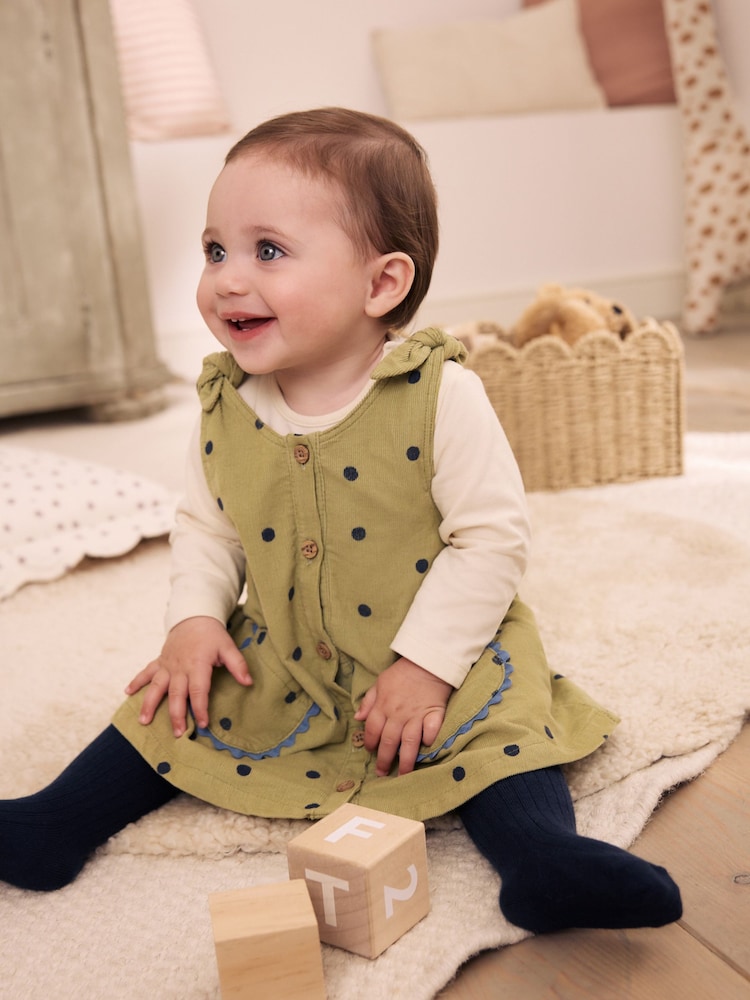 Green Spot Baby Pinafore, Long Sleeve Bodysuit And Tights 3 Piece Set (0mths-2yrs) - Image 1 of 4 Green Spot Baby Pinafore, Long Sleeve Bodysuit And Tights 3 Piece Set (0mths-2yrs) - Image 1 of 4