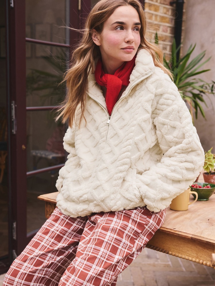 Cream Borg Half Zip Chunky Cable Fleece - Image 1 of 8 Cream Borg Half Zip Chunky Cable Fleece - Image 1 of 8