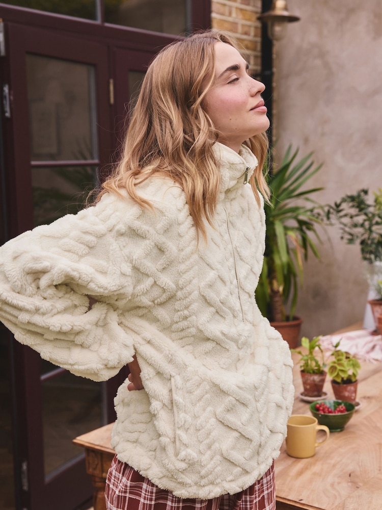 Cream Borg Half Zip Chunky Cable Fleece - Image 2 of 8 Cream Borg Half Zip Chunky Cable Fleece - Image 2 of 8