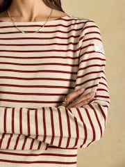 Joules Harbour Oat Marl/Russet Long Sleeve Striped Boat Neck Breton Top - Image 5 of 6