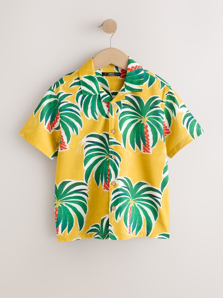 Ochre Yellow All Over Print Palms Short Sleeve Revere Collar Shirt (3-16yrs) - Image 1 of 4 Ochre Yellow All Over Print Palms Short Sleeve Revere Collar Shirt (3-16yrs) - Image 1 of 4