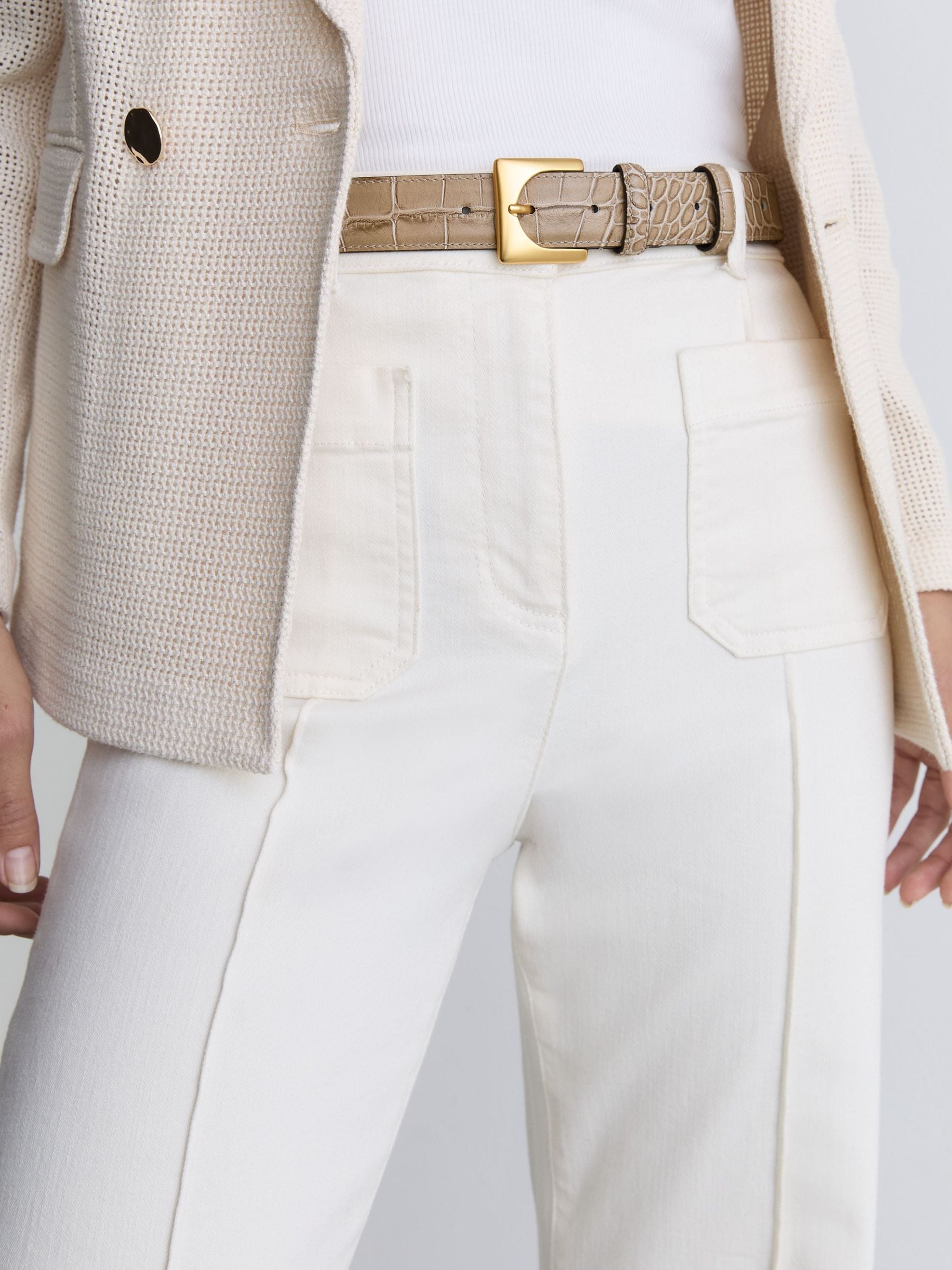 Reiss Stone Croc-effect Leather Square-buckle Belt In Gray