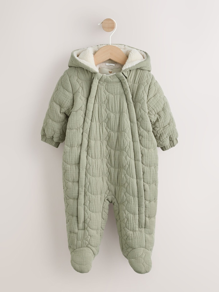Green Crinkle Bear Face Quilted Baby Pramsuit (0mths-2yrs) - Image 1 of 8 Green Crinkle Bear Face Quilted Baby Pramsuit (0mths-2yrs) - Image 1 of 8
