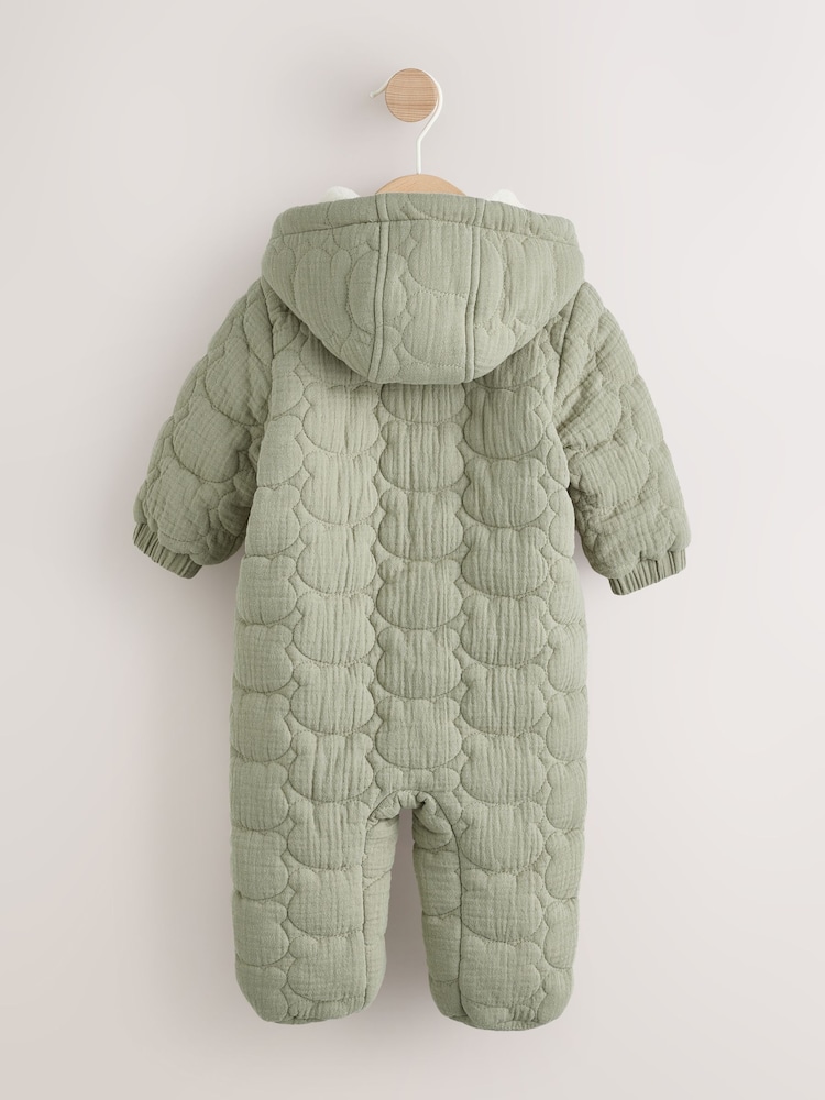 Green Crinkle Bear Face Quilted Baby Pramsuit (0mths-2yrs) - Image 2 of 8 Green Crinkle Bear Face Quilted Baby Pramsuit (0mths-2yrs) - Image 2 of 8