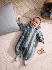Blue Stripe Borg Button Hooded Baby Pramsuit (0mths-2yrs) - Image 2 of 6