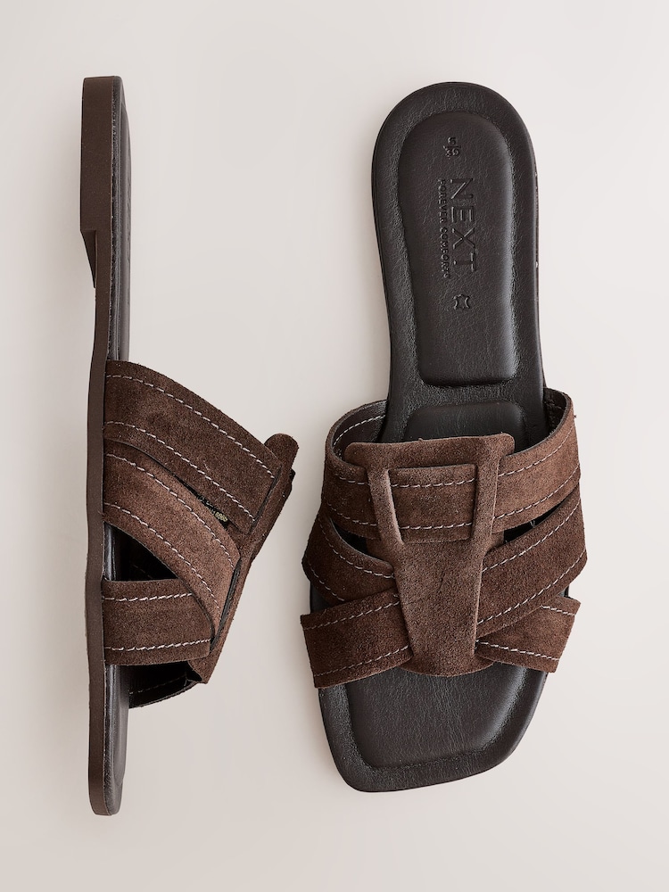 Chocolate Brown Extra Wide Fit Forever Comfort® Stitched Mule Sandals - Image 1 of 10
