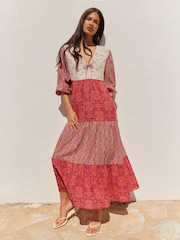 BHOEM Multi Floral Prints Patchwork Maxi Dress With Crochet Detail - Image 1 of 5