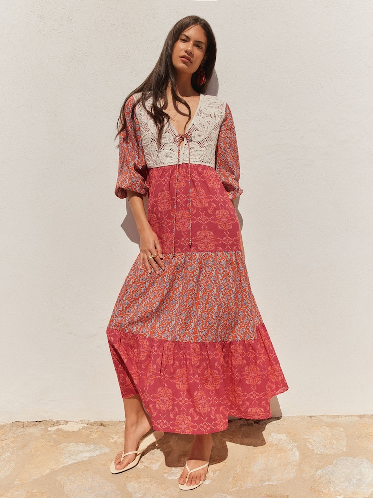 BHOEM Multi Floral Prints Patchwork Maxi Dress With Crochet Detail - Image 1 of 5