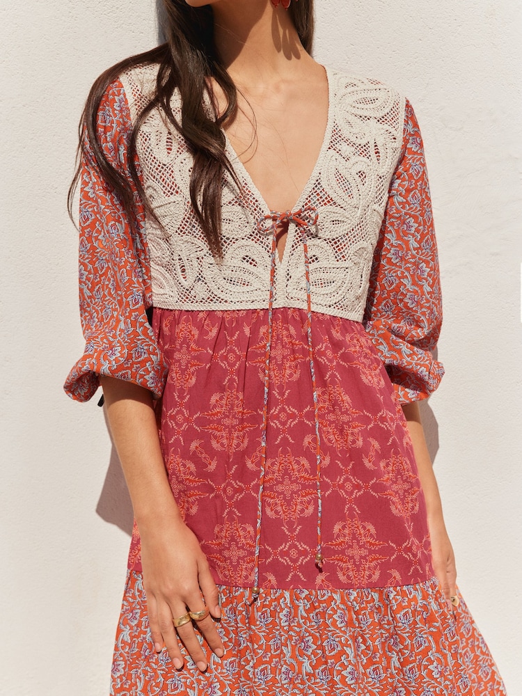 BHOEM Multi Floral Prints Patchwork Maxi Dress With Crochet Detail - Image 2 of 5