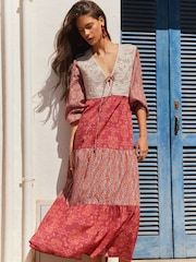 BHOEM Multi Floral Prints Patchwork Maxi Dress With Crochet Detail - Image 4 of 5