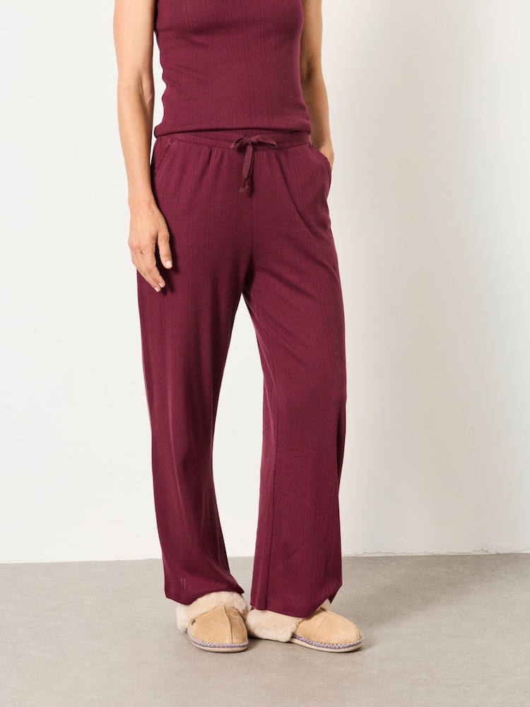 FatFace Lola Plum Purple Pointelle Wide Leg Trousers - Image 1 of 6