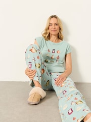 FatFace Ivy Teal Green Autumn Graphic Pyjama Top - Image 3 of 6