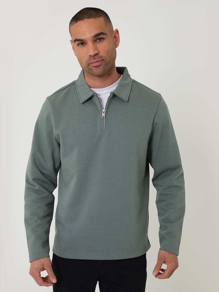 Threadbare Blue Quarter Zip Long Sleeve Polo Sweatshirt - Image 1 of 4