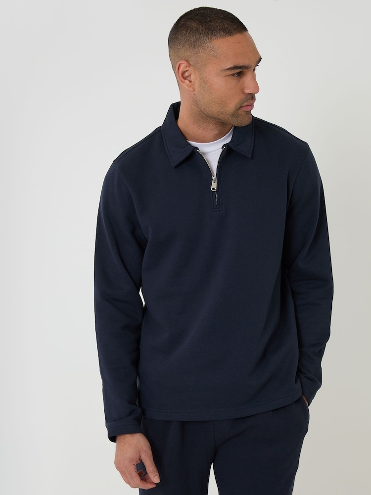 Threadbare Navy Quarter Zip Long Sleeve Polo Sweatshirt - Image 1 of 4