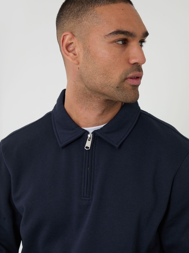 Threadbare Navy Quarter Zip Long Sleeve Polo Sweatshirt - Image 4 of 4