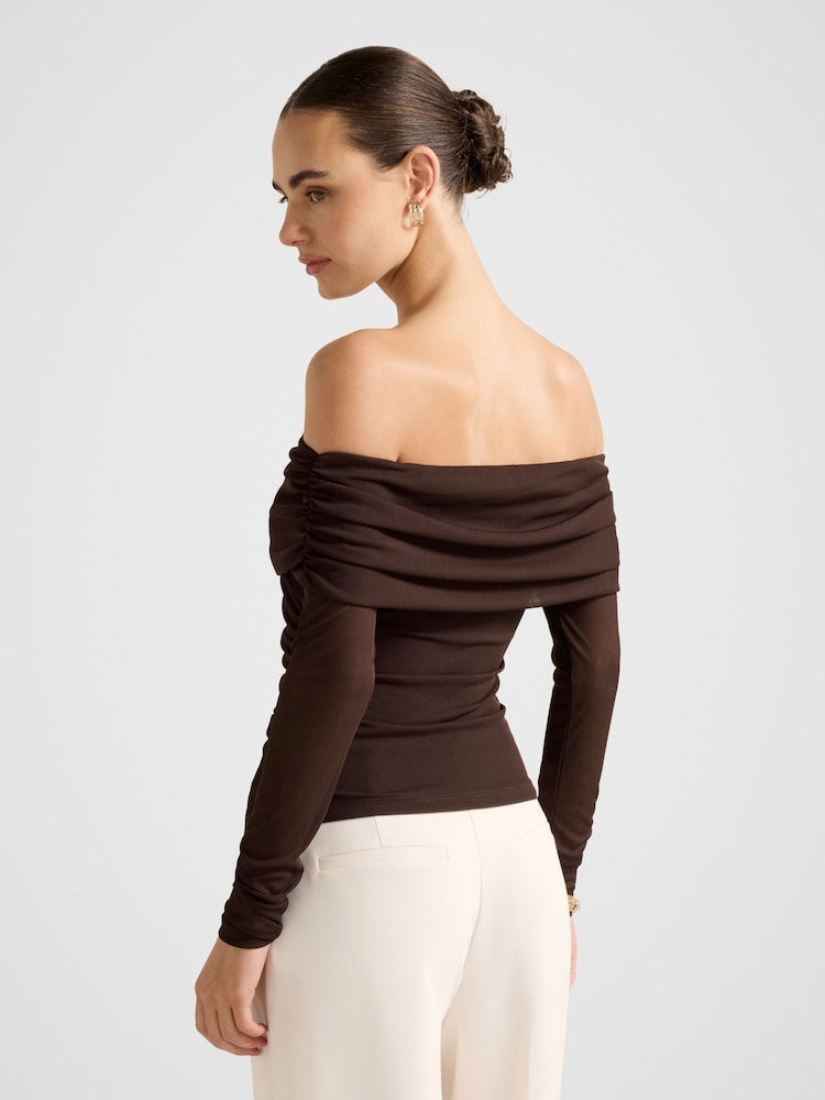 Forever New Brown Kaia Ruched Mesh Bardot Neck Top - Image 2 of 4 Forever New Brown Kaia Ruched Mesh Bardot Neck Top - Image 2 of 4