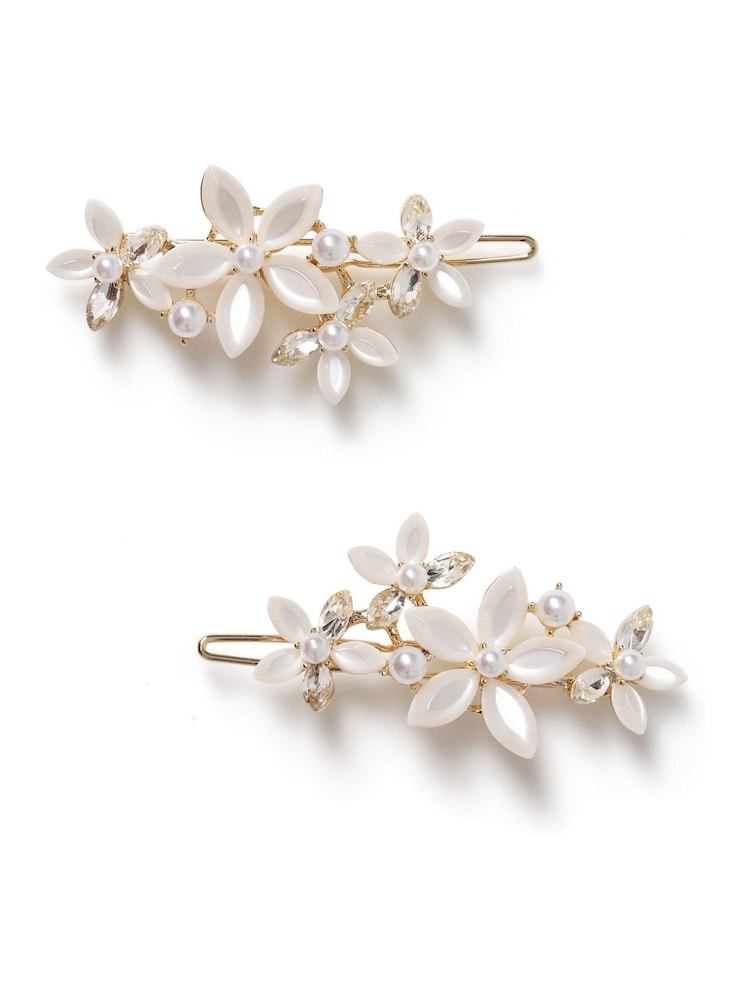 Aela Gold Rhinestone Flower Pearl Hair Slides - Image 1 of 2 Aela Gold Rhinestone Flower Pearl Hair Slides - Image 1 of 2