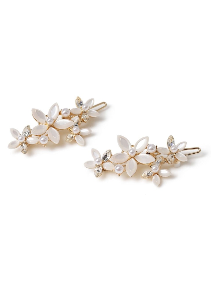Aela Gold Rhinestone Flower Pearl Hair Slides - Image 2 of 2 Aela Gold Rhinestone Flower Pearl Hair Slides - Image 2 of 2