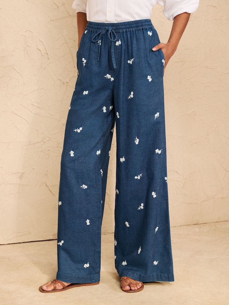 Love & Roses Mid Blue Denim Look Embroidered Palazzo Trousers - Image 1 of 5