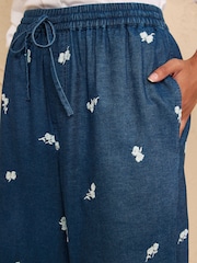Love & Roses Mid Blue Denim Look Embroidered Palazzo Trousers - Image 2 of 5