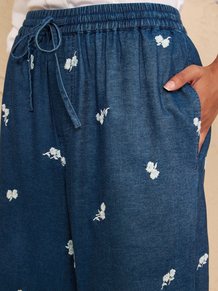 Love & Roses Mid Blue Denim Look Embroidered Palazzo Trousers - Image 2 of 5