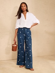 Love & Roses Mid Blue Denim Look Embroidered Palazzo Trousers - Image 3 of 5