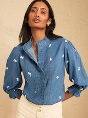Love & Roses Mid Blue Denim Look Embroidered Ruffle Detail Top - Image 1 of 4