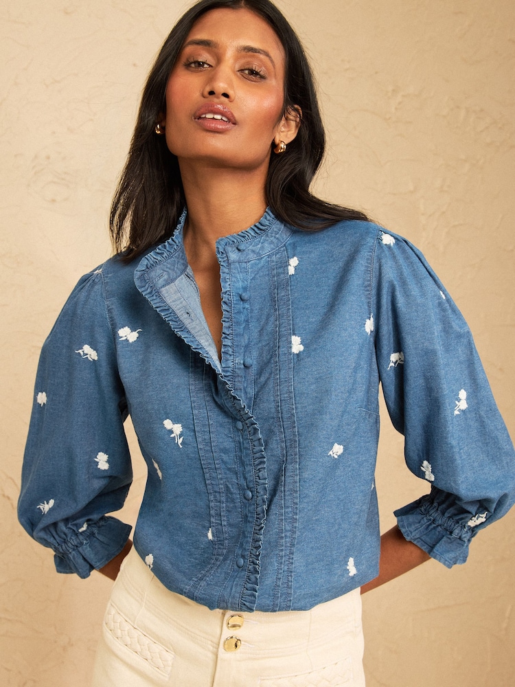 Love & Roses Mid Blue Denim Look Embroidered Ruffle Detail Top - Image 1 of 4