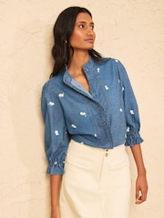 Love & Roses Mid Blue Denim Look Embroidered Ruffle Detail Top - Image 2 of 4