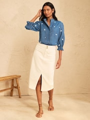 Love & Roses Mid Blue Denim Look Embroidered Ruffle Detail Top - Image 3 of 4
