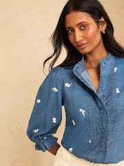 Love & Roses Mid Blue Denim Look Embroidered Ruffle Detail Top - Image 4 of 4