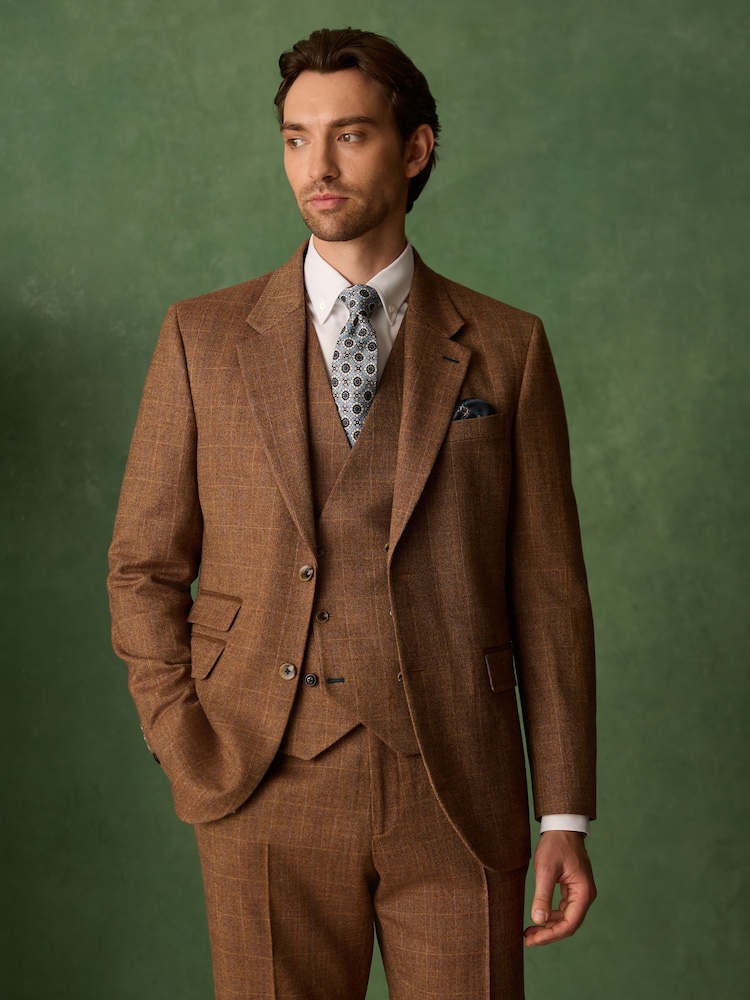 Marrone ruggine - N. Premium Tailored Fit Wool Blend Trimmed Check Suit Jacket - Immagine 1 di 7