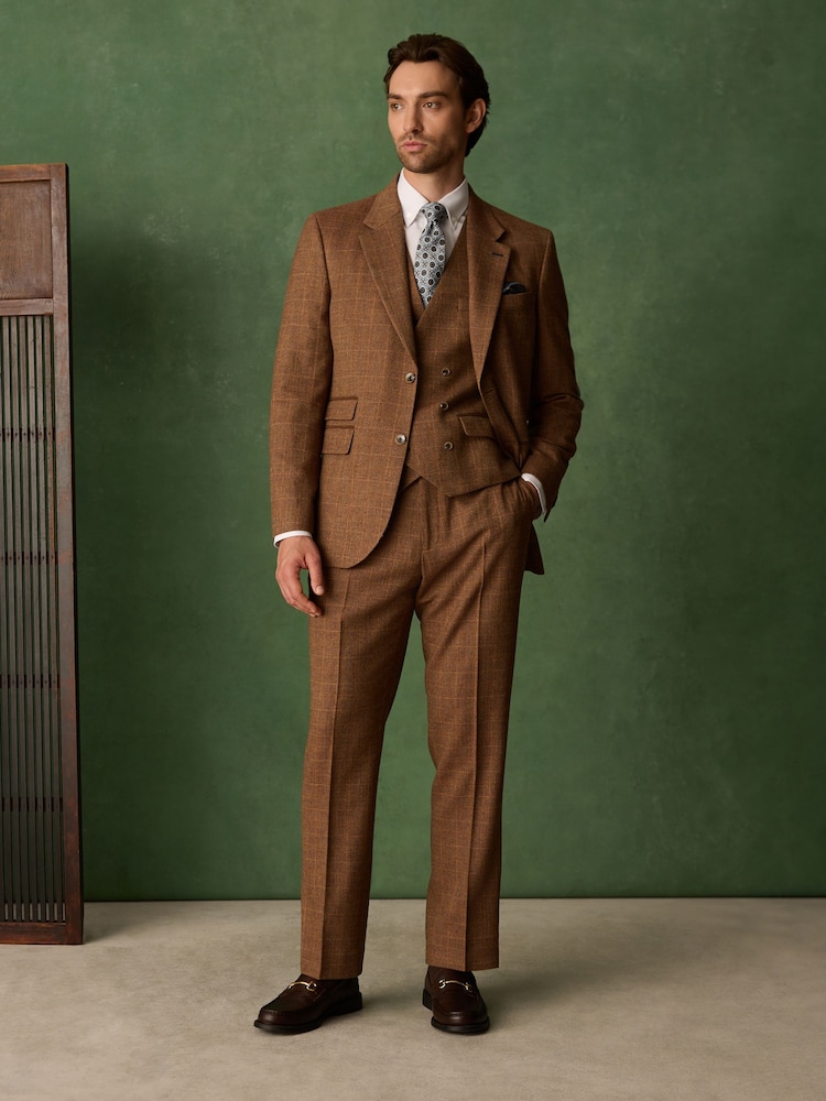 Marrone ruggine - N. Premium Tailored Fit Wool Blend Trimmed Check Suit Jacket - Immagine 2 di 7