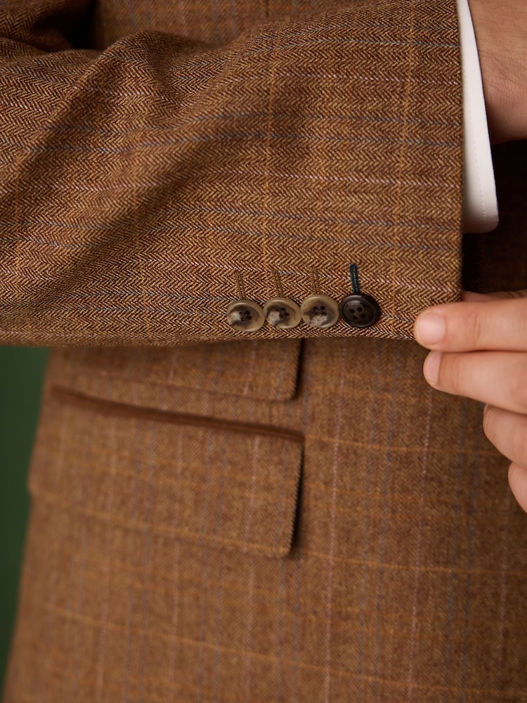 Marrone ruggine - N. Premium Tailored Fit Wool Blend Trimmed Check Suit Jacket - Immagine 7 di 7
