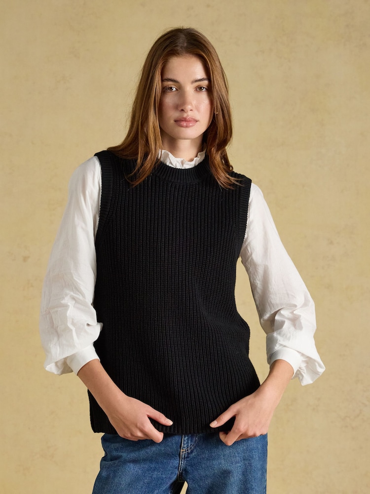 Joules Black Crew Neck Ribbed Knitted Vest - Image 1 of 7 Joules Black Crew Neck Ribbed Knitted Vest - Image 1 of 7