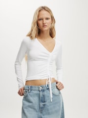 Cotton On White Asymmetric Ruched Knit Top - Image 1 of 4