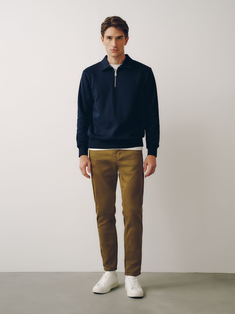 Donkerblauw - Cotton Rich Jersey Zip Neck Polo Sweatshirt - Afbeelding 2 van 8 Donkerblauw - Cotton Rich Jersey Zip Neck Polo Sweatshirt - Afbeelding 2 van 8