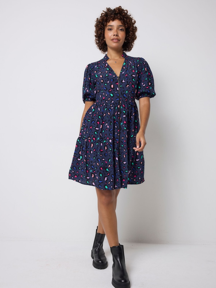 SCAMP & DUDE Blue Zip Front Tiered Snow Leopard Dress - Image 1 of 5 SCAMP & DUDE Blue Zip Front Tiered Snow Leopard Dress - Image 1 of 5