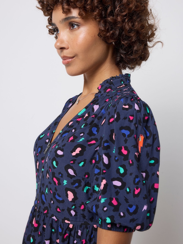 SCAMP & DUDE Blue Zip Front Tiered Snow Leopard Dress - Image 5 of 5 SCAMP & DUDE Blue Zip Front Tiered Snow Leopard Dress - Image 5 of 5