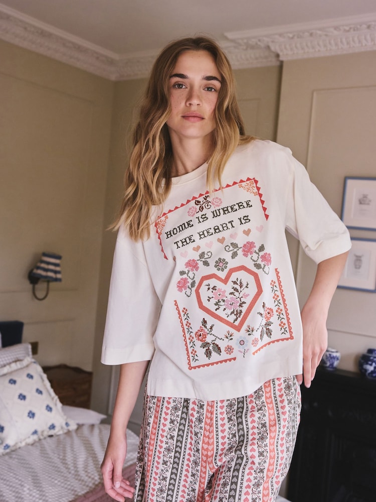 Oatmeal Cross Stitch Short Sleeve Pyjamas - Image 2 of 4 Oatmeal Cross Stitch Short Sleeve Pyjamas - Image 2 of 4