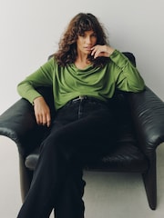 Green Long Sleeved Drape Bubblehem Top - Image 1 of 9