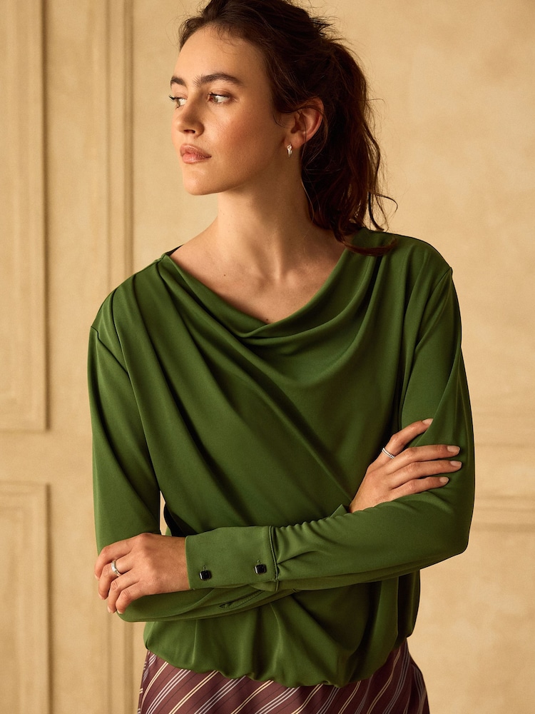 Green Long Sleeved Drape Bubblehem Top - Image 1 of 9 Green Long Sleeved Drape Bubblehem Top - Image 1 of 9