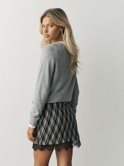 Сұр/Көк чек - Lace Trim Mini Skirt - 8суретінің 4 суреті